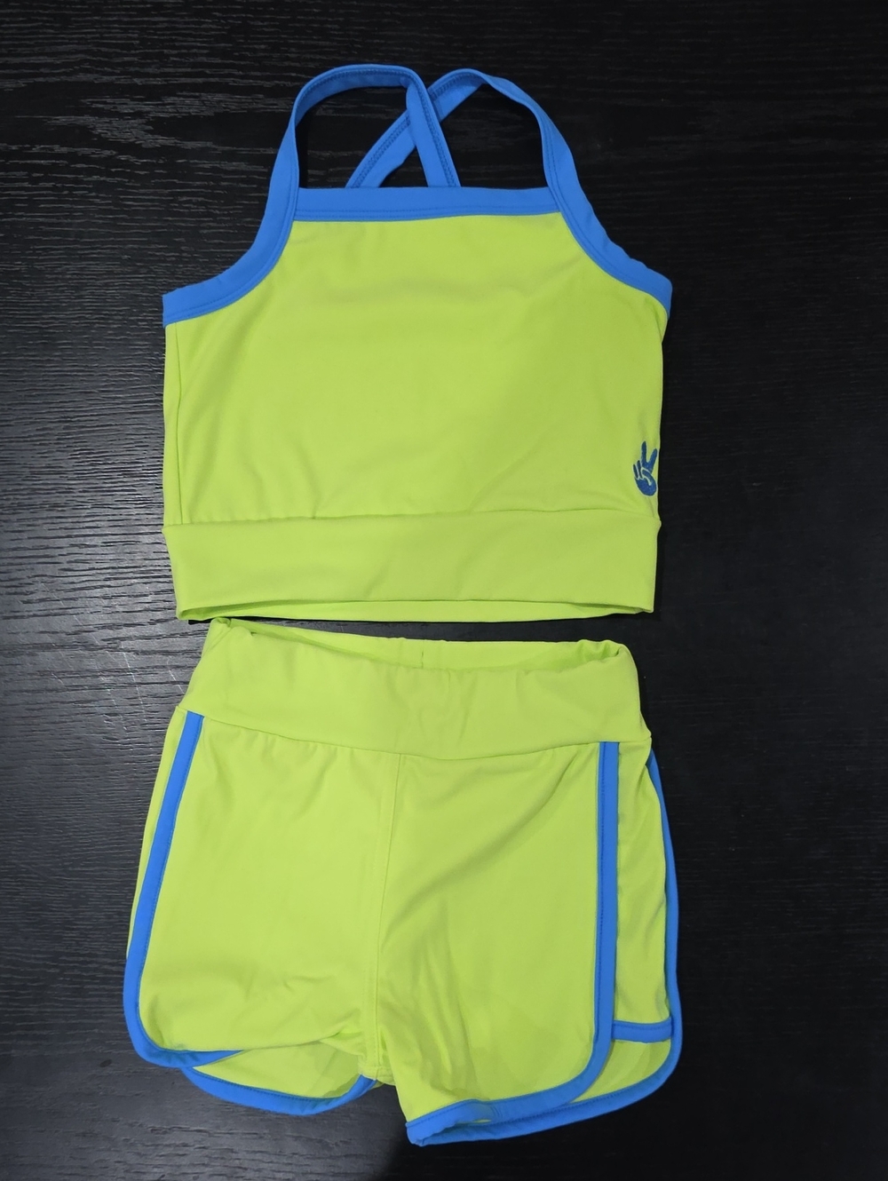 Girls Little Wedgies Neon Lime Two-Piece Set with Blue Trim, size 7/8